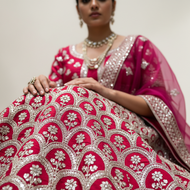 Women's magenta lehenga skirt with intricate silver-gold embroidery and patterned details