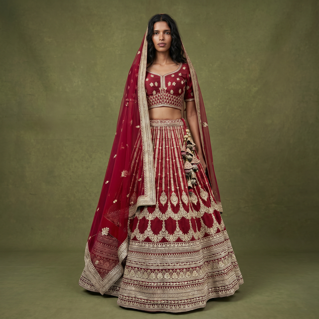 Maroon bridal lehenga with gold-embroidered blouse, flared skirt, and matching dupatta