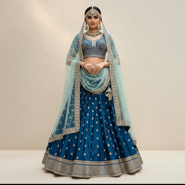 Booti Work Raw Silk Blue Lehenga: Sabya-Inspired Royal Baggi Collection