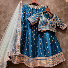 Royal Baggi Collection: Royal Blue Raw Silk Booti Work Designer Lehenga