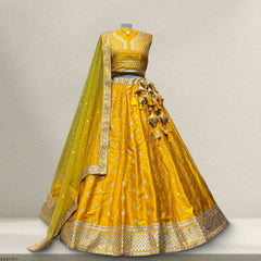 Mustard yellow lehenga skirt with all-over floral sequin motifs and gold trim hem