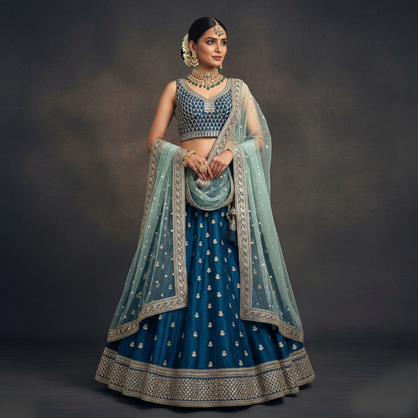 Booti Work Raw Silk Blue Lehenga: Sabya-Inspired Royal Baggi Collection