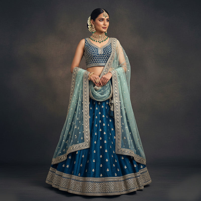 Booti Work Raw Silk Blue Lehenga: Sabya-Inspired Royal Baggi Collection