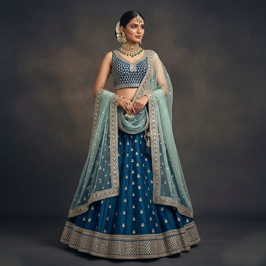 Booti Work Raw Silk Blue Lehenga: Sabya-Inspired Royal Baggi Collection