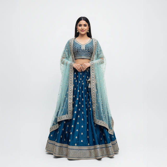 Designer lehenga with royal blue flared skirt, gold buti, and ornate border; aqua dupatta.