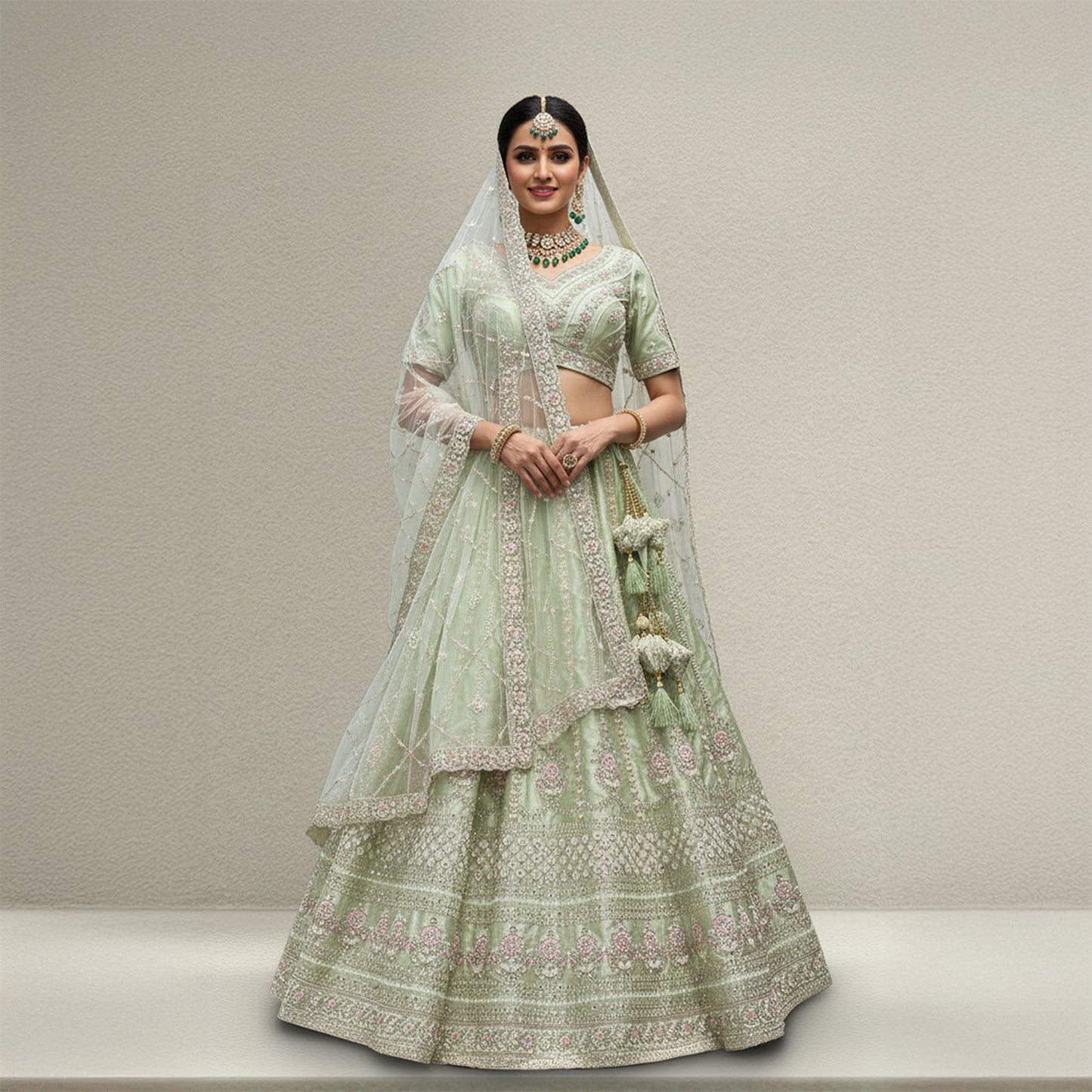 Rosé - Wedding Trousseau in Pastel Hues Pistachio Lehenga
