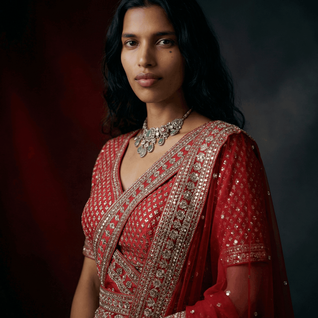 Red bridal lehenga blouse with deep V neckline, silver embroidery and embellished collar