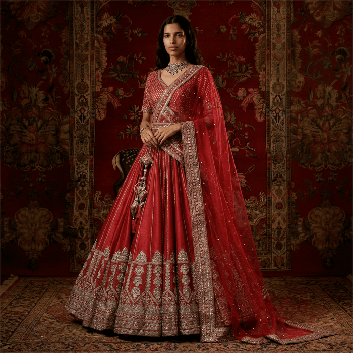 Pure Kalidar - 36-Kali Royal Red Bridal Lehenga with Mandir Arch Border