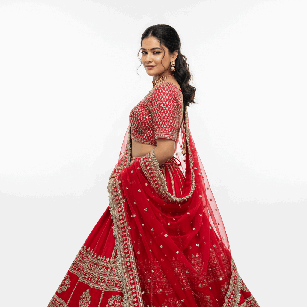 Dulhan in Red Lehenga : 40 Kali Double Dupatta Flared Sabya Lehenga