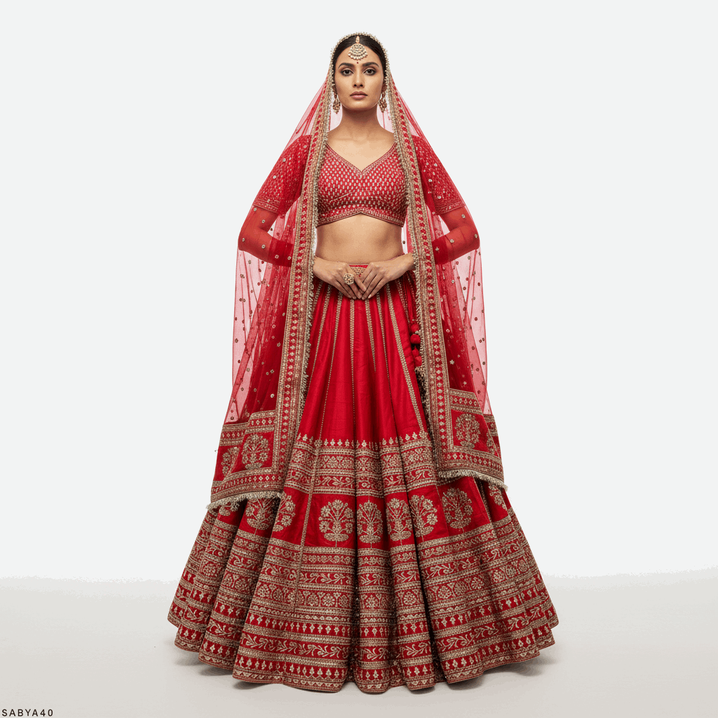 Dulhan in Red Lehenga : 40 Kali Double Dupatta Flared Sabya Lehenga