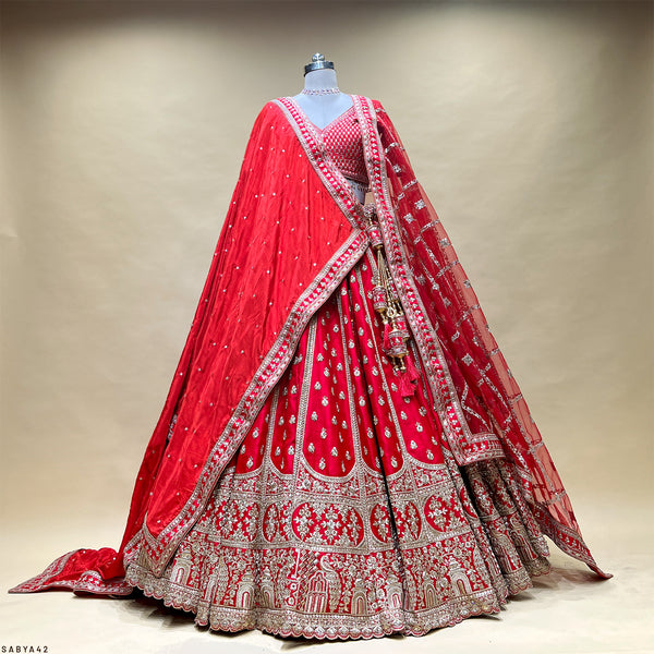 Dulhan in Red Lehenga : 12 Meter Flared Minimal Royal Red Bridal Lehenga