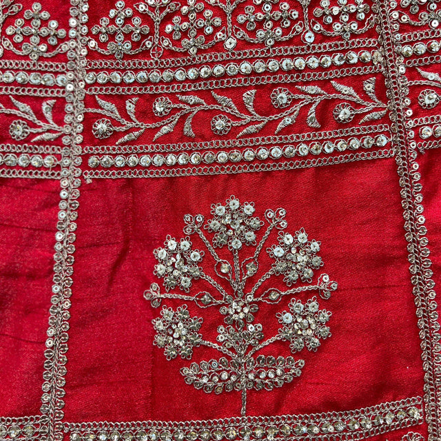 Red blouse panel with silver beadwork and floral motif embroidery