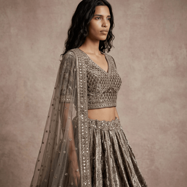 Velvet lehenga set with sheer dupatta, sequined border, and mirrorwork skirt panels