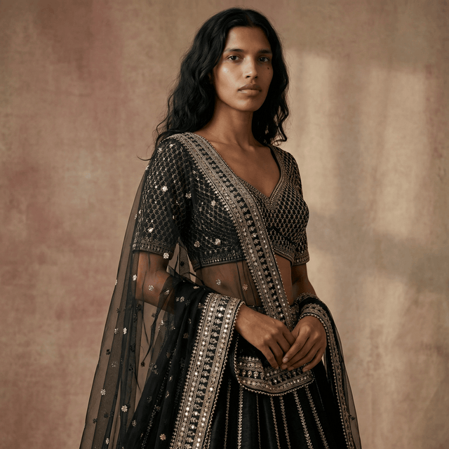 Black lehenga with short-sleeve blouse and sheer embellished dupatta