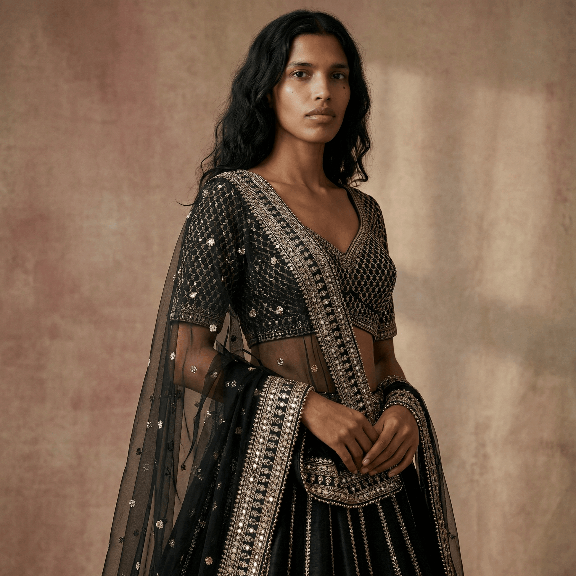 Damsel - Minimal & Modern Classic Raw Silk Jet Black Sabya Lehenga