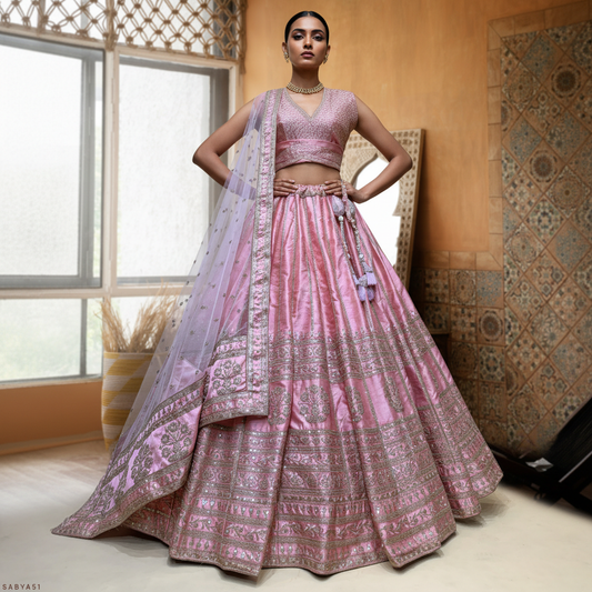 Damsel - Minimal & Modern Classic Raw Silk Baby Pink Sabya Lehenga