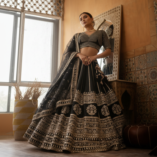 Damsel - Minimal & Modern Classic Raw Silk Jet Black Sabya Lehenga