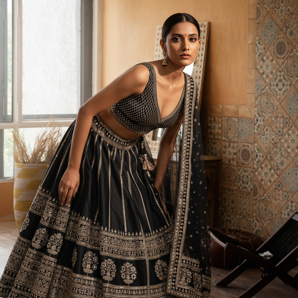 Damsel - Minimal & Modern Classic Raw Silk Jet Black Sabya Lehenga
