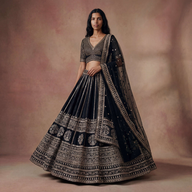 Black lehenga with embroidered blouse and ornate border dupatta