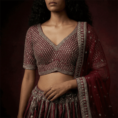 Maroon embroidered blouse with V neckline and silver trim; maroon skirt with silver borders