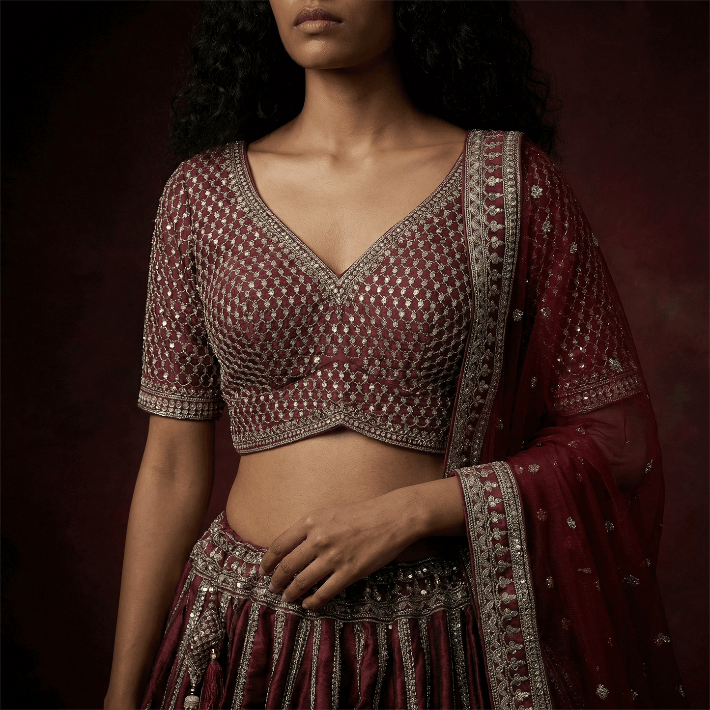 Dulhan in Maroon Lehenga : Minimal Royal Look Sabya Bridal Lehenga