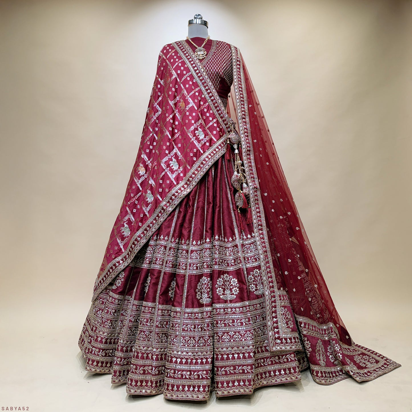 Dulhan in Maroon Lehenga : Double Dupatta Sabya Bridal Lehenga