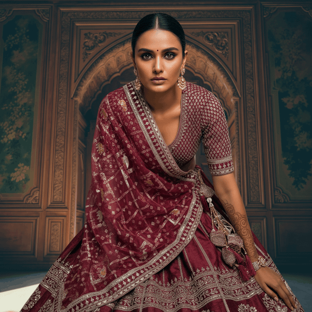 Maroon V-neck blouse and pleated lehenga with patterned double dupatta