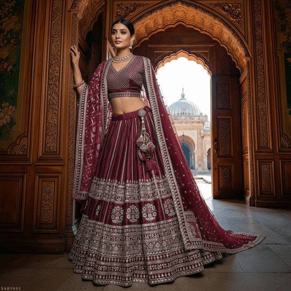 Maroon designer bridal lehenga with embroidered hem and double dupatta