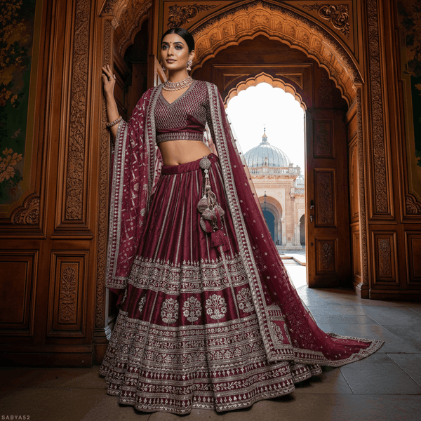 Dulhan in Maroon Lehenga : Double Dupatta Sabya Bridal Lehenga