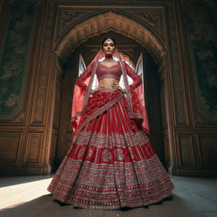 Red bridal lehenga with double embroidered dupattas and flared, detailed skirt