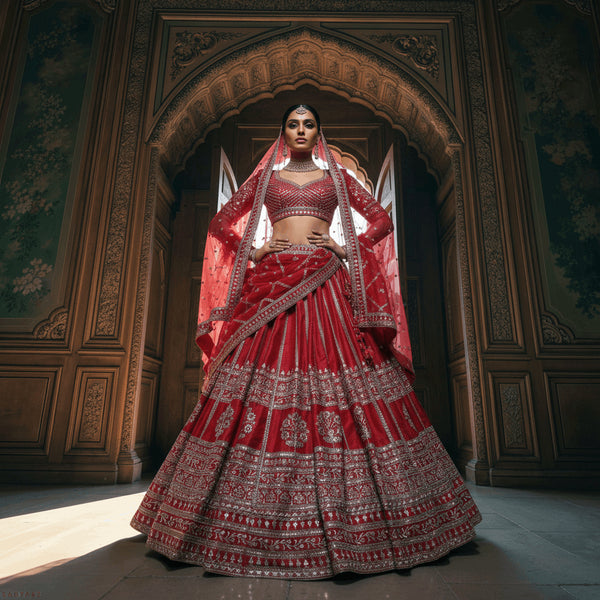 Red bridal lehenga with double embroidered dupattas and flared, detailed skirt