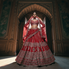 Red bridal lehenga with silver embroidery and double dupatta, tiered skirt
