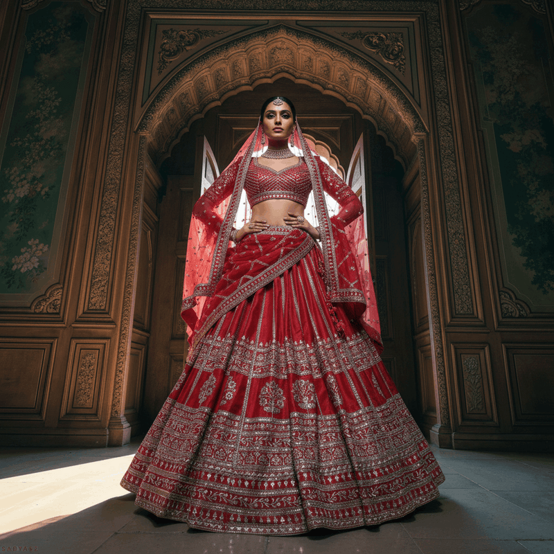 Red bridal lehenga with silver embroidery and double dupatta, tiered skirt