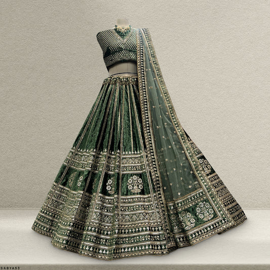 Damsel - 18 Kali Designer Velvet Bollywood Replica Lehenga Bottle Green
