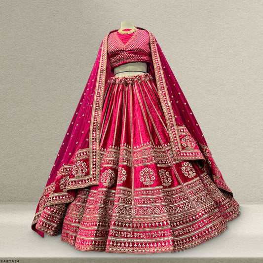 Damsel - 18 Kali Designer Velvet Bollywood Replica Lehenga Fuchsia Pink