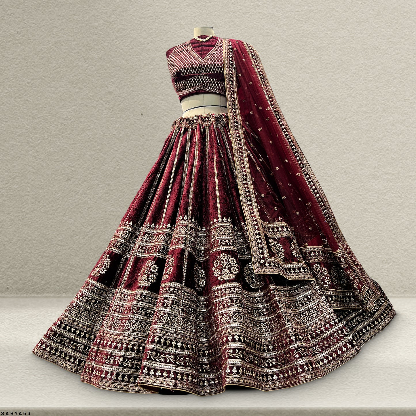 Damsel - 18 Kali Designer Velvet Bollywood Replica Lehenga Royal Maroon