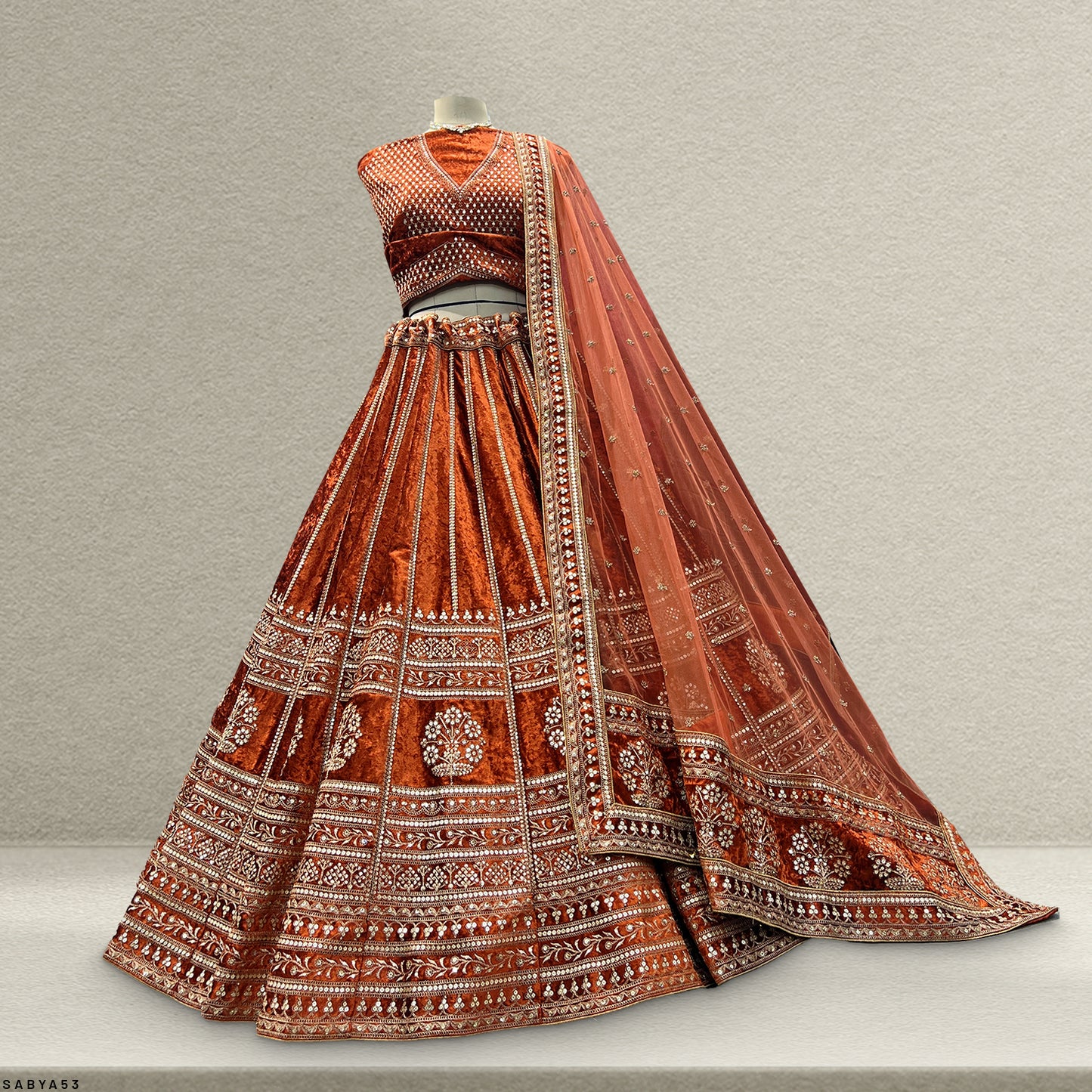 Damsel - 18 Kali Designer Velvet Bollywood Replica Lehenga Rust Orange