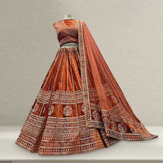 Damsel - 18 Kali Designer Velvet Bollywood Replica Lehenga Rust Orange