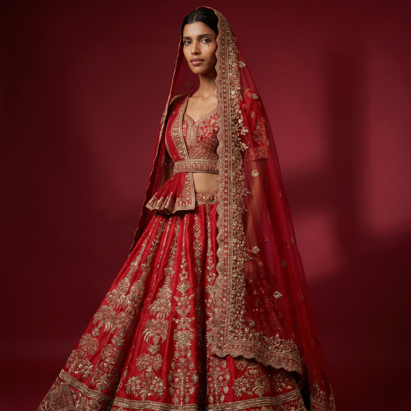 Red bridal lehenga with ornate silver embroidery and draped sheer dupatta