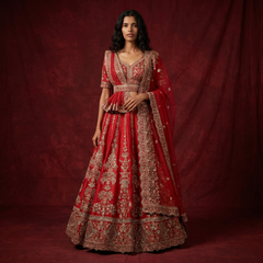 Red bridal lehenga with silver-toned floral embroidery, fitted blouse, full gathered skirt