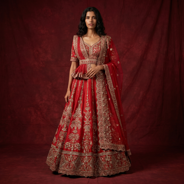 Red bridal lehenga with silver-toned floral embroidery, fitted blouse, full gathered skirt