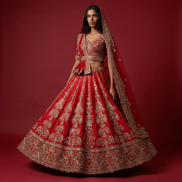 Red bridal lehenga with silver embroidery on blouse, flared skirt, and sheer dupatta