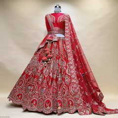 Red bridal lehenga with embroidered back yoke, flared skirt, and draped dupatta