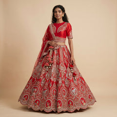 Royal red bridal lehenga with ornate gold embroidery and full flared skirt