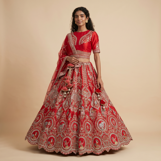 Red embroidered bridal lehenga with ornate silver motif skirt and matching dupatta