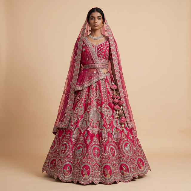 Embroidered pink bridal lehenga with silver paisley motifs and matching dupatta