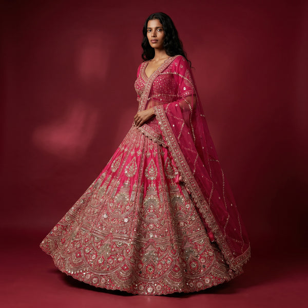 Pink bridal lehenga with bead and cutdana embroidery, full flare skirt and dupatta