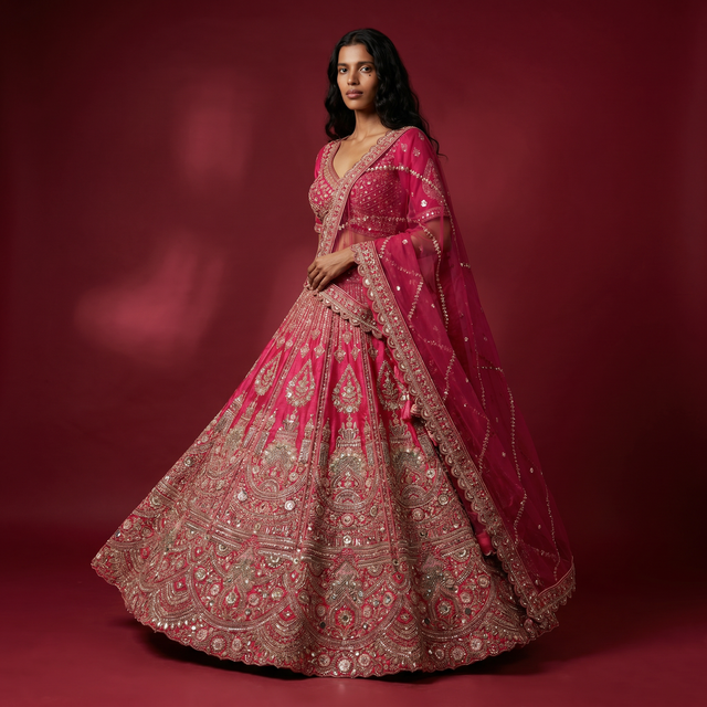 Pink bridal lehenga with silver zari and beadwork, flared skirt and dupatta