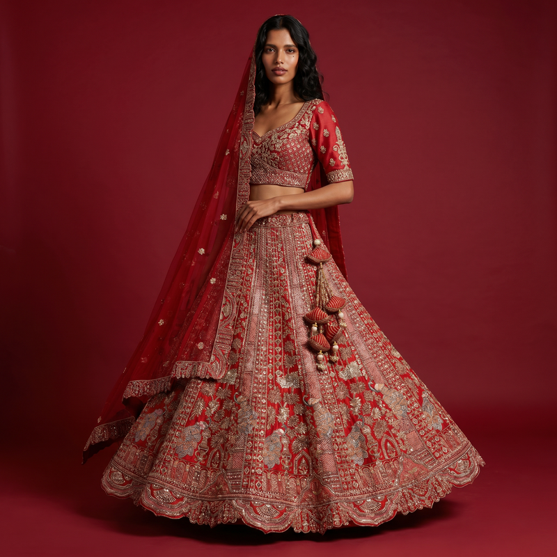 Red bridal lehenga with embroidered motifs and sheer dupatta