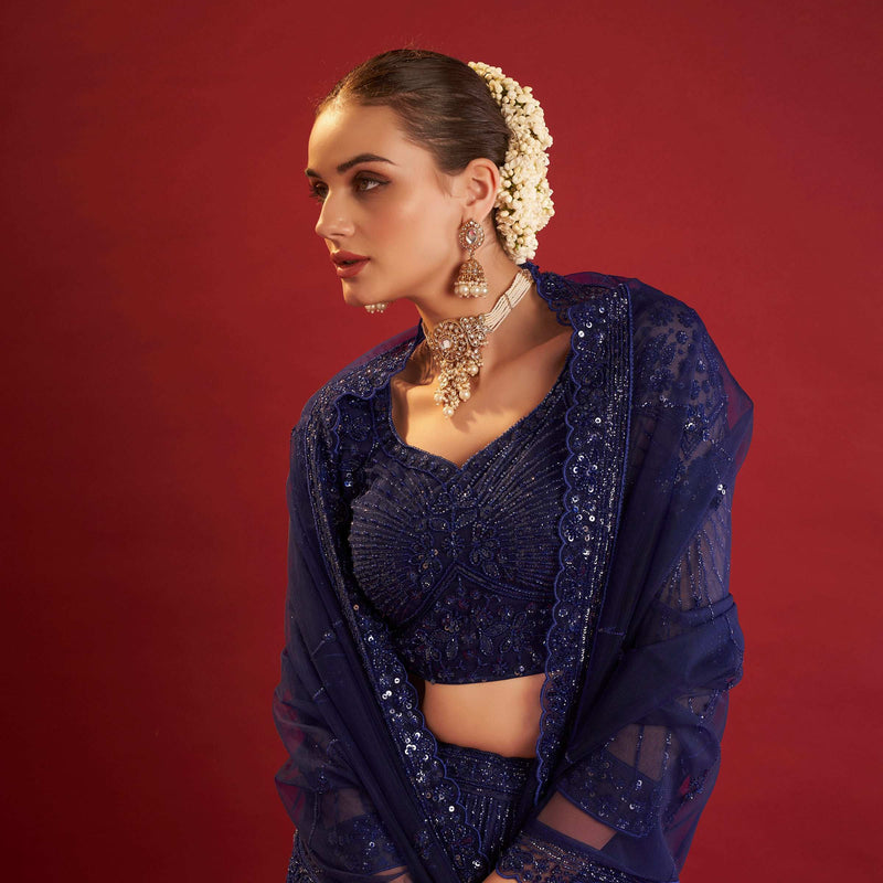 Jazzagals - Designer Replica Monotone Handwork Couture Lehenga Blue